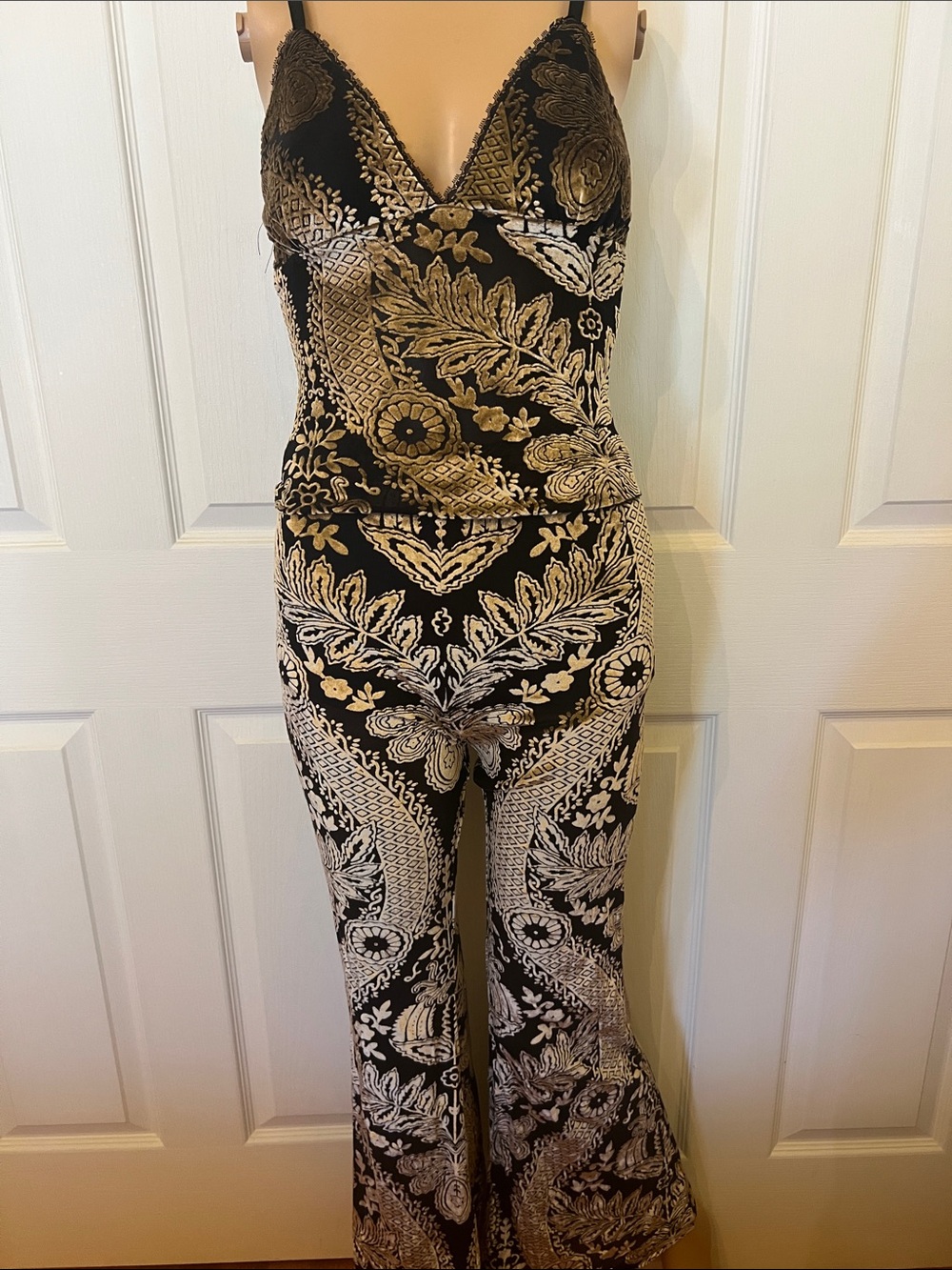 NWT 12th Tribe Black and Gold Paisley Pattern Velvet 2 Piece Jumpsuit